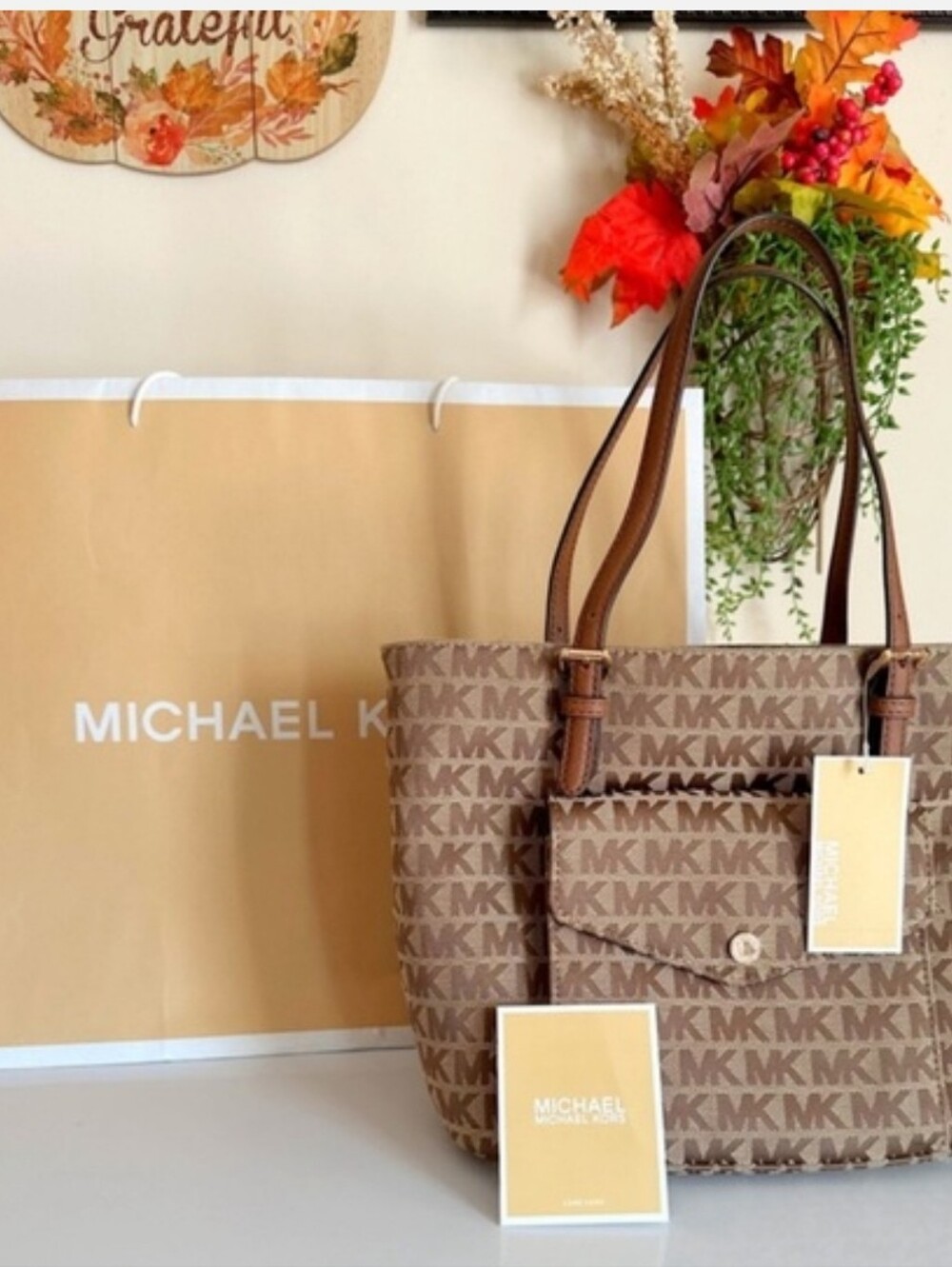 Michael Kors Beige Canvas MK Monogram Tote with Front Pocket